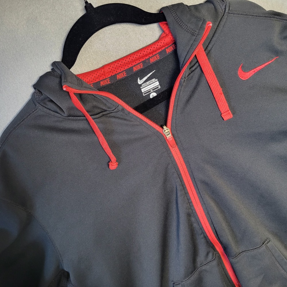 Nike Mens Full Zip Hoodie Black Red Athletic Training Sweatshirt L